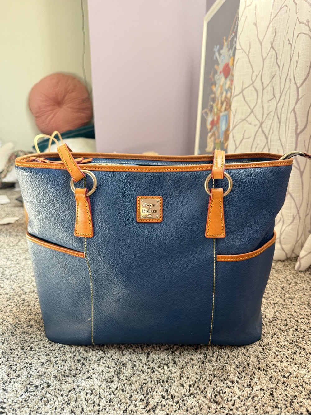 Dooney & Bourke Blue Leather Tote with Tan Trim